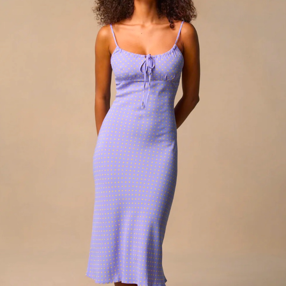 Rouje Daria slip dress dress in Violet purple with yellow polka dots and tie